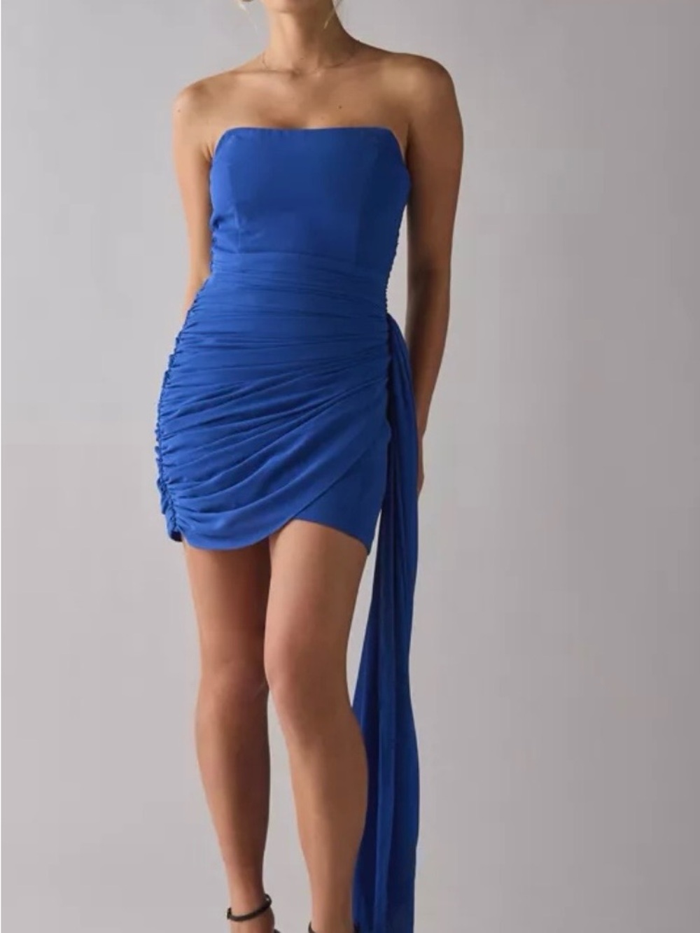 Lulu's Strapless Cobalt Blue Ruched Mini Dress with Draped Side